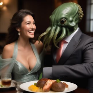 Dread cthulhu entertains a very attractive young lady over a romantic fancyass potato dinner