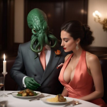 Dread cthulhu wearing a fine Italian suit entertains a very attractive young lady in a coral dress over a romantic fancyass potato dinner