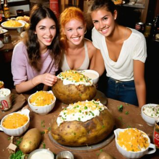 three cute girls collaborate to make you a very appetizing looking loaded baked potato