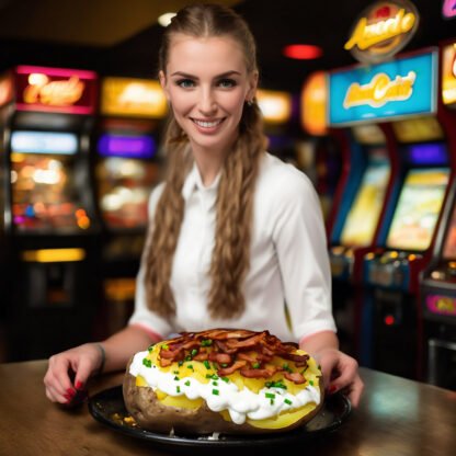 a hot waitress bringing you a very appetizing looking loaded baked potato