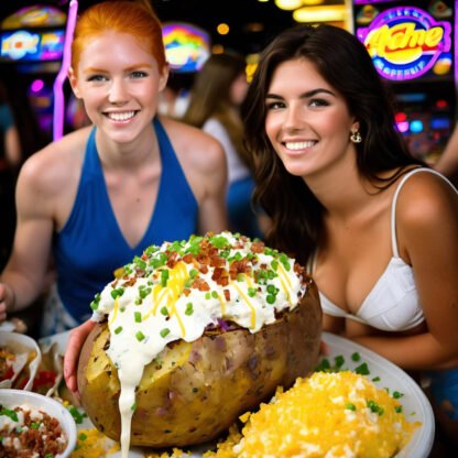 two hot girls with a very appetizing looking loaded baked potato