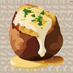 the potatobaste logo is an illustration of a baked potato overflowing with cream