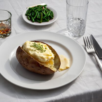 a baked potato with butter and green beans