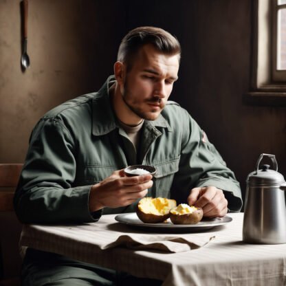 a soviet construction worker salting his baked potato